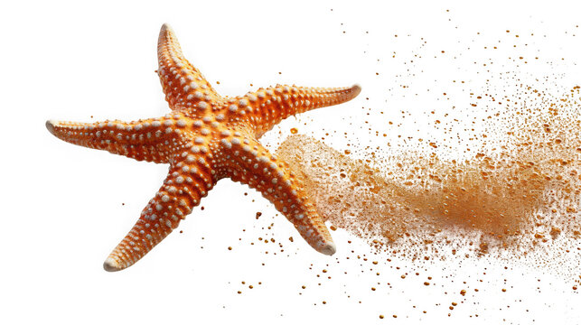 Orange textured starfish with sand particles exploding from it, isolated on transparent background