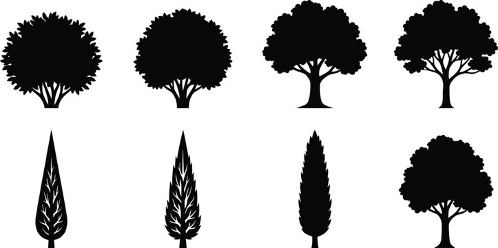 Tree silhouette collection with eight diverse botanical designs including coniferous, deciduous, leafless, and rounded canopy forest variations