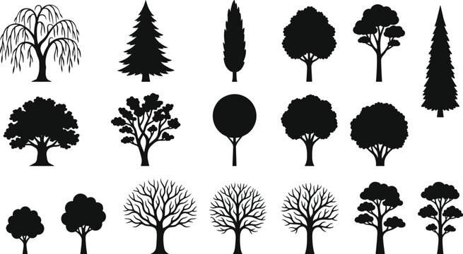 Tree silhouette collection with eight diverse botanical designs including coniferous, deciduous, leafless, and rounded canopy forest variations