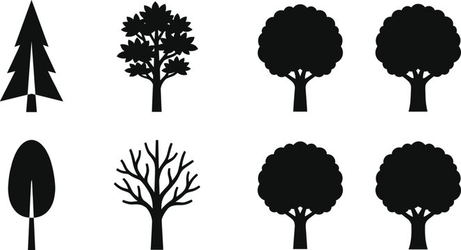 Tree silhouette collection with eight diverse botanical designs including coniferous, deciduous, leafless, and rounded forest variations