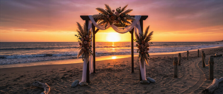 Flower-decorated arch on a hotel sandy beach, beachfront wedding ceremony concept at a tropical resort, banner with copy space for text