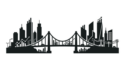 Cityscape Silhouette With Bridge And Skyscrapers Against White Background © SUMU