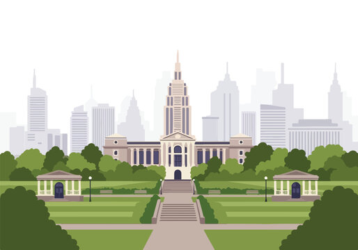 Illustration of a large building with a clock tower in a park with a city skyline