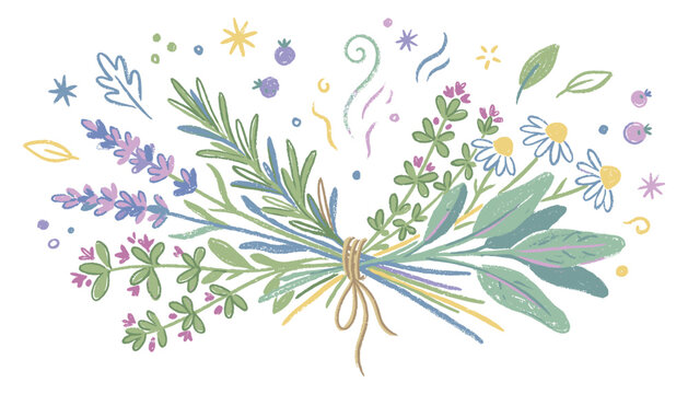 Herbal bouquet with lavender rosemary sage and chamomile flowers for aromatherapy vector illustration.