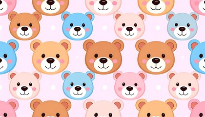 Fototapeta premium Cute Cartoon Teddy Bear Faces Repeating on Pastel Pink Pattern Background