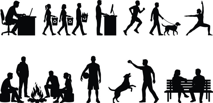 Vector silhouette elements featuring an ancient pharaoh statue diverse groups of business people and a woman speaking at a podium