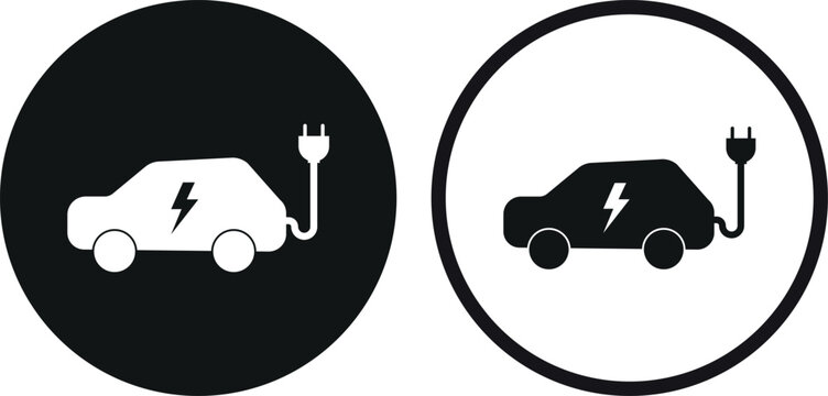 Electric car icon set in two styles . Electric car with plug icon . Vector illustration