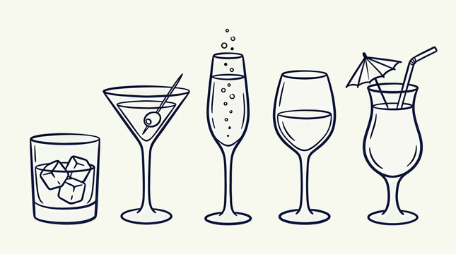 Set of various alcoholic cocktails and drinks in different glasses isolated on white background