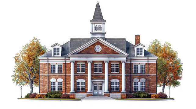 Colonial style brick building with a bell tower and autumn trees, isolated on transparent background