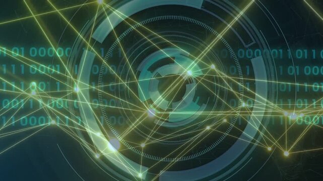 HUD appearing, central circular HUD and network rotating, expanding, nodes pulsing to show bits