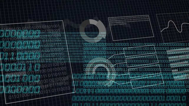 Teal binary ribbon emerging from left, sweeping right, revealing dashboard panels showing data flow