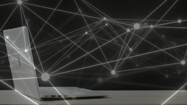 Glowing nodes appearing, laptop anchoring while network mesh forming to show data flow