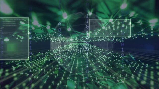 HUD activating, camera panning over green point cloud dome, mesh forming, panels updating analytics