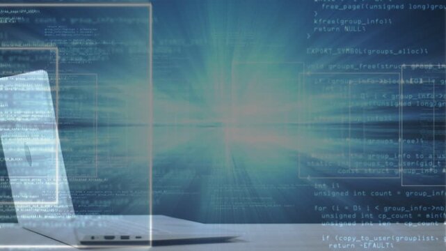 Silver laptop left powering up, emitting teal burst, scanning and streaming HUD code for data flow