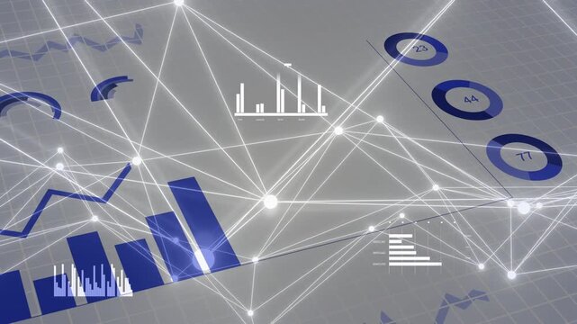 Slow camera pan starting blue fragments forming charts over pulsing mesh visualizing data