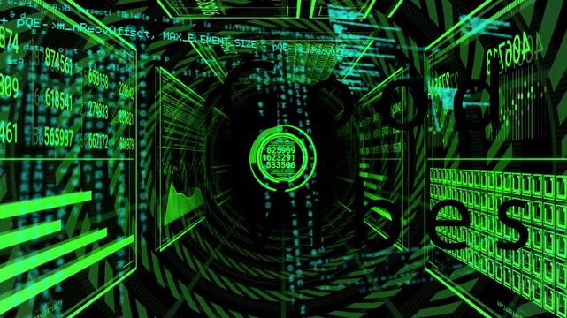 Camera starting forward motion, HUD pulsing, updating as wireframe tube filling code, showing flow