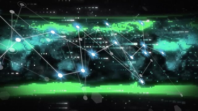 Left-side node appearing, centered pixel map connecting pulsing nodes and scan bars to show data