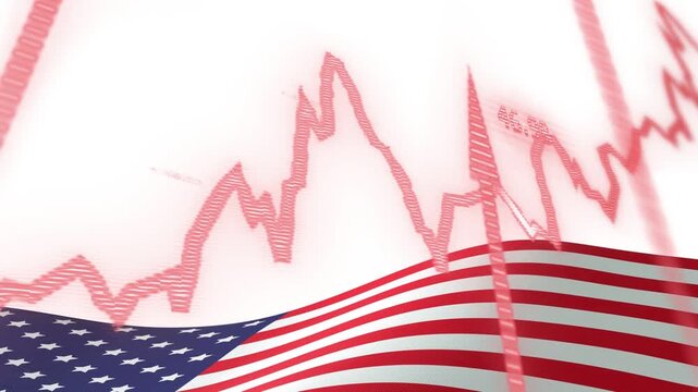Data ping starting American flag waving, red graph moving, numbers flashing to show market