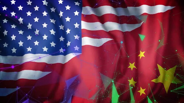 At start US and China flags filling, fabric rippling, shards flowing, fading, visualizing network