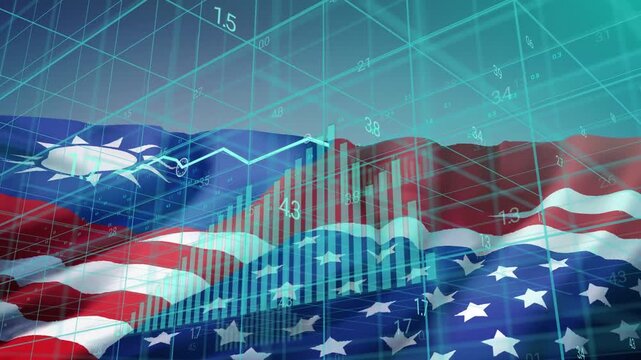 US and sun-emblem flags waving, initiating grid and bars rising, falling, visualizing market shifts