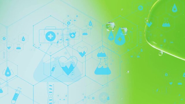 Bubbles and hex health icons drifting right as green band expanding left, showing biotech shift