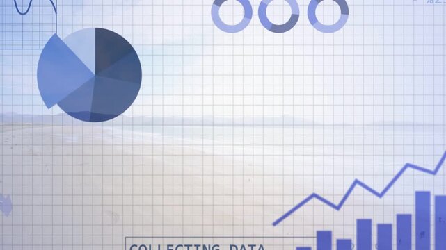 Binary stream starting dashboard charts growing, pie rotating, labels switching to analysing data