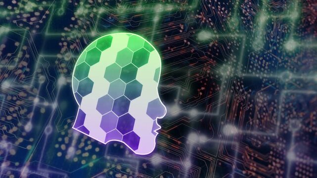 On start stylized head silhouette shifting hex cells, pulsing outline, rotating, showing data flow