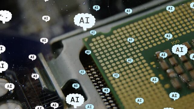 Camera panning right zooming in, revealing CPU pads while AI bubbles floating, showing pad detail