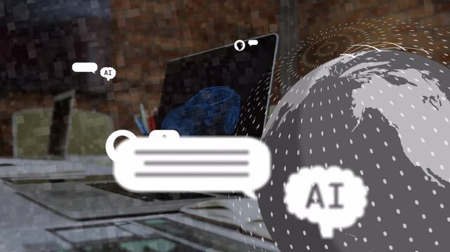 Globe entering right and rotating, starting AI icons popping, grouping near laptop showing chat
