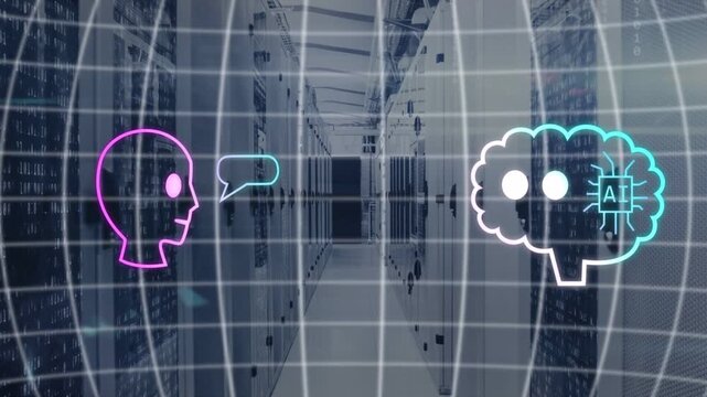 Neon stroke starting magenta head cyan AI brain trading chat merging parting over server racks grid