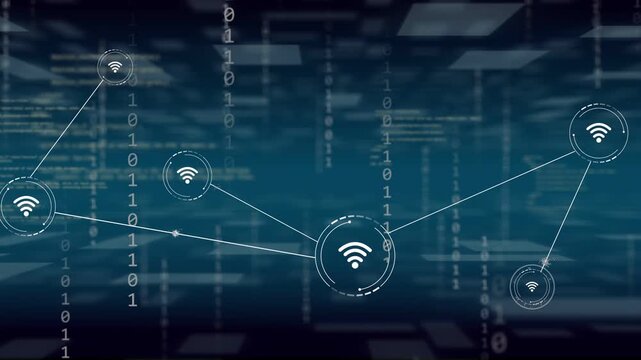 HUD appearing right, Wi-Fi nodes forming and connecting, particles traveling, showing data flow