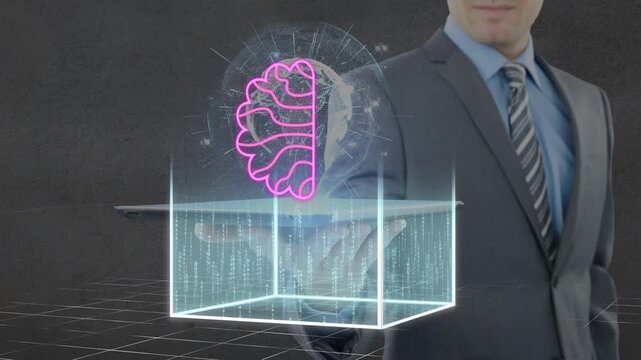 Man raising finger, tablet forming hologram, globe emerging, split brain drawing with AI presenting