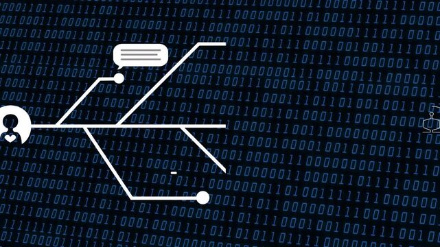 Communication tree starting from user icon, extending message bubbles toward AI robot, mapping flow