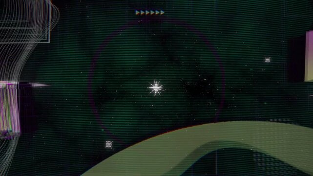 Green curved band reacting to magenta pulse, sending three beams converging to red reticle to flash