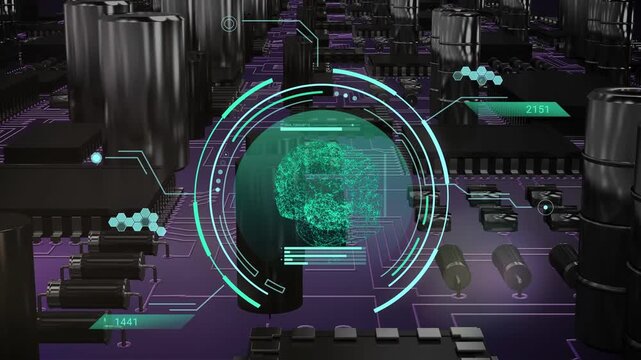 Cyan HUD appearing green holographic brain rotating and pulsing scanning central chip for analysis
