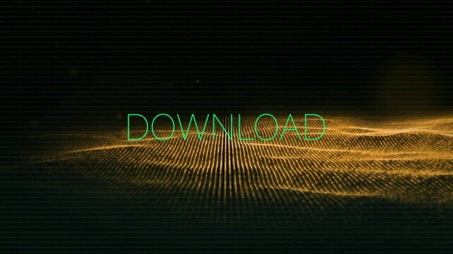 Neon-green DOWNLOAD popping green glitch sweeping gold grid forming rippling showing download ready