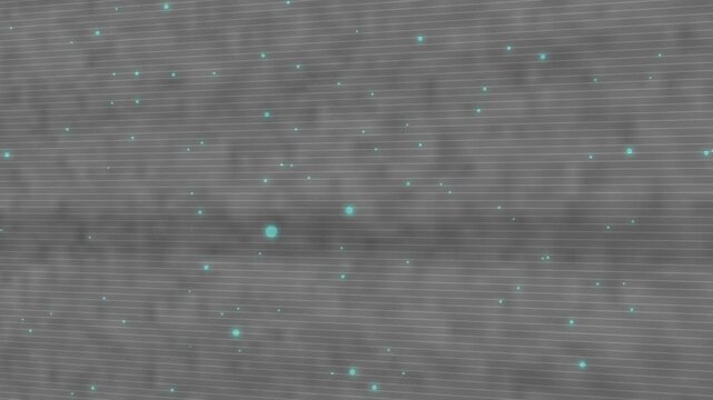 Camera pulling back, grey lined plane tilting and emitting cyan specks revealing black starfield