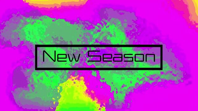 Opening color cloud starting shifts, centered New Season label holding, glitching, promoting season