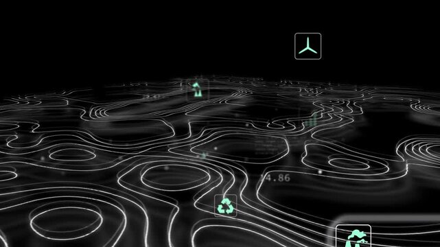 Camera starting neon contour grid and holo data layer, icons drifting, pulsing, showing data