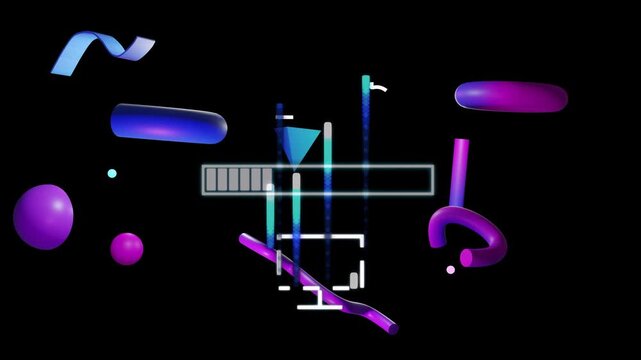 Colorful 3D shapes floating and drifting, progress bar appearing, filling, forming neon cloud icon