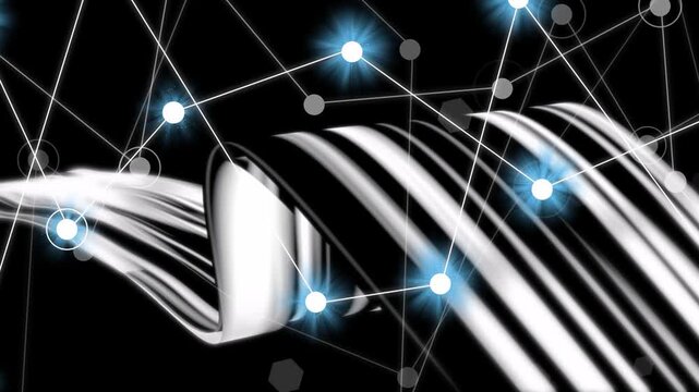 Striped band entering left curling, unrolling as nodes pulsing, forming network visualizing flow