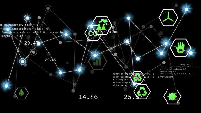 network activating from blue node pulses, nodes lighting and lines forming, visualizing eco data