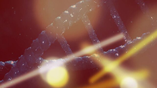 Golden orbs entering front sweeping diagonal flares across helix, enhancing beads, showing molecule