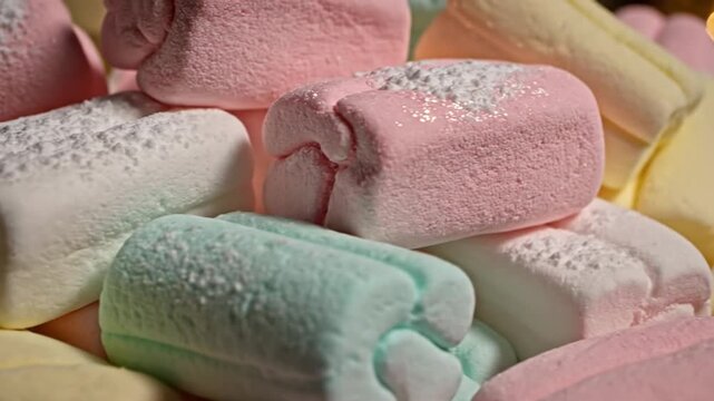 Macro close-up of a pile of pastel marshmallows in pink, light blue, yellow, and white colors, dusted with fine powdered sugar, highlighting the soft, spongy, and fluffy texture.