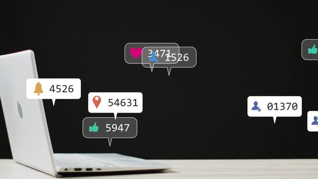 Alert bubbles appearing right, floating left to laptop, grouping, drifting up, fading, showing buzz