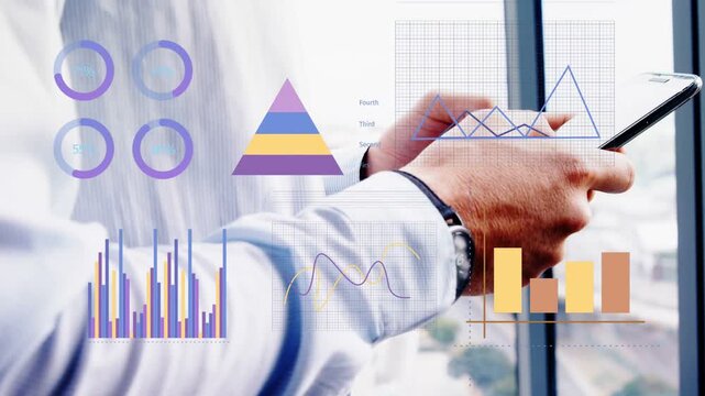 Analyst tapping phone by highrise window causing semi-transparent charts updating business metrics