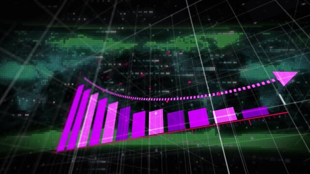 Initial magenta block popping triggers 3D bars rising, dotted arrow sweeping upward showing trend