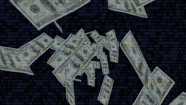 USD bills entering edges, moving inward, forming vortex, showing money flow in binary field