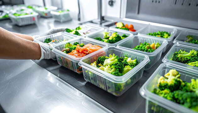 Food preparation, hand in gloves placing containers with healthy meals, broccoli, carrots, salmon, fresh ingredients, food service, meal prep, takeaway food