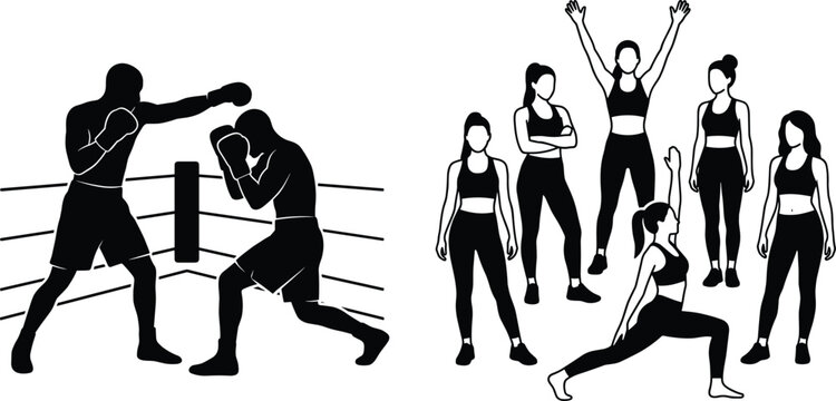 Vector silhouette graphics of professional boxers fighting in a ring alongside women in a fitness yoga group class